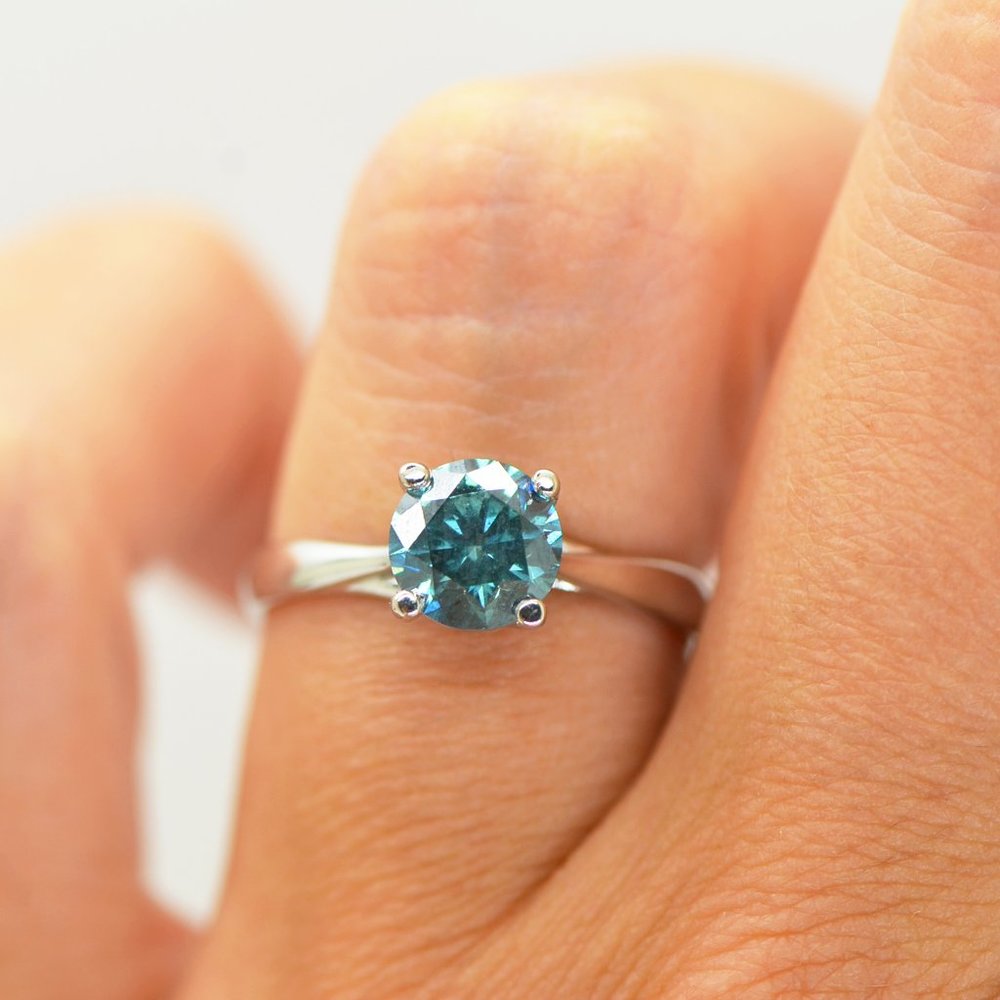 Blue Diamond Solitaire Engagement Ring Round Shape 1.57 Carat 14K White Gold